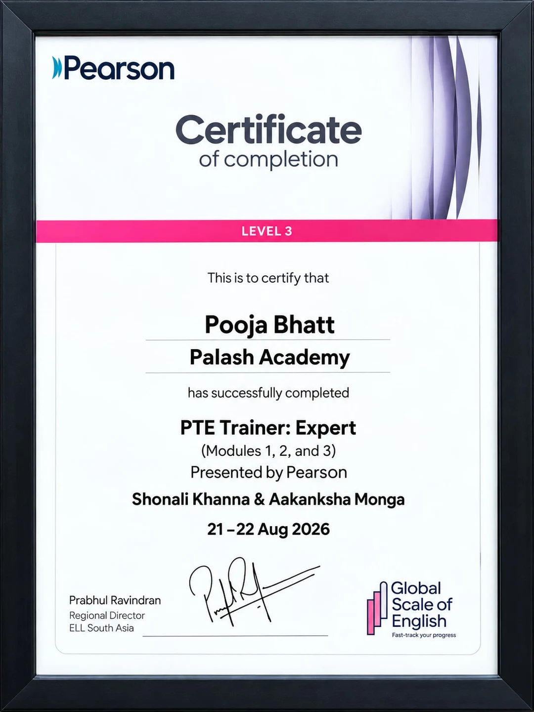 Pearson PTE Certified Trainer certificate